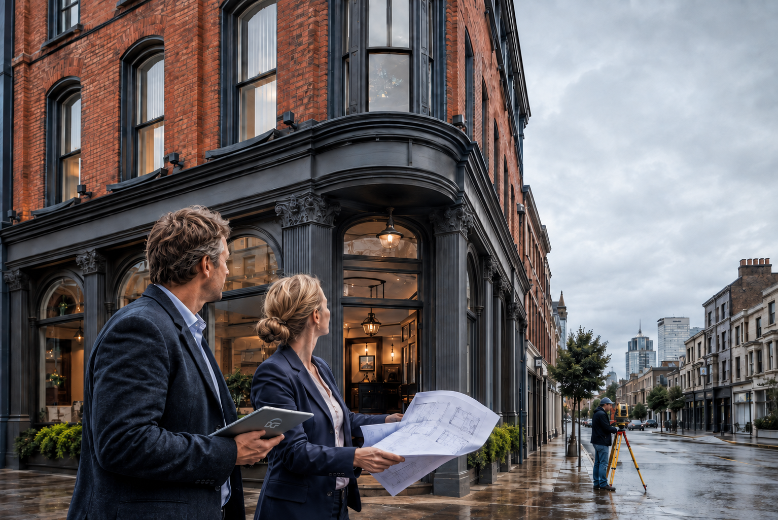 Two professionals reviewing property plans outside a commercial building