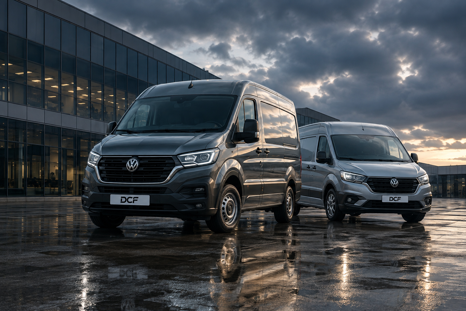 Two DCF-liveried vans outside a modern office building