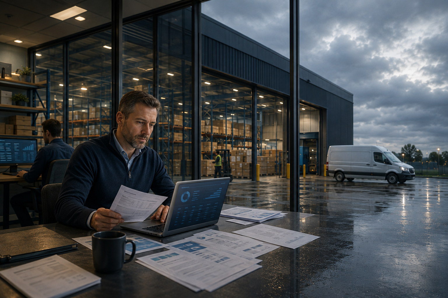 Business owner reviewing invoices and cash flow reports at a warehouse office desk