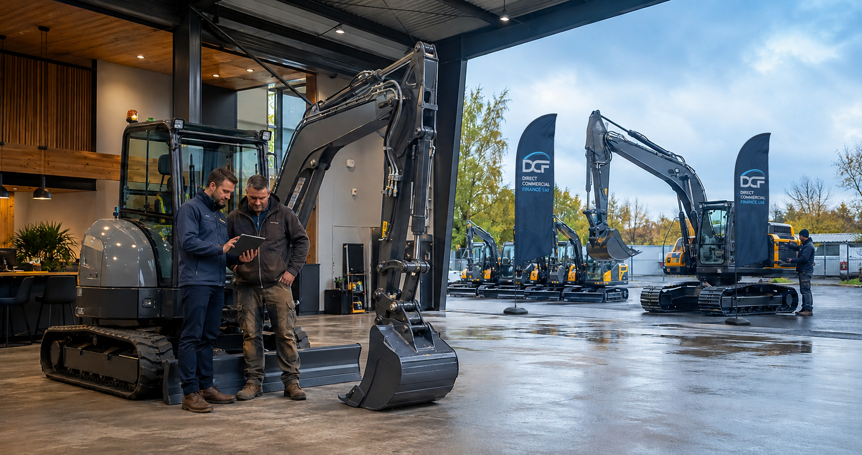 DCF branded flags beside excavators on a vendor dealership forecourt