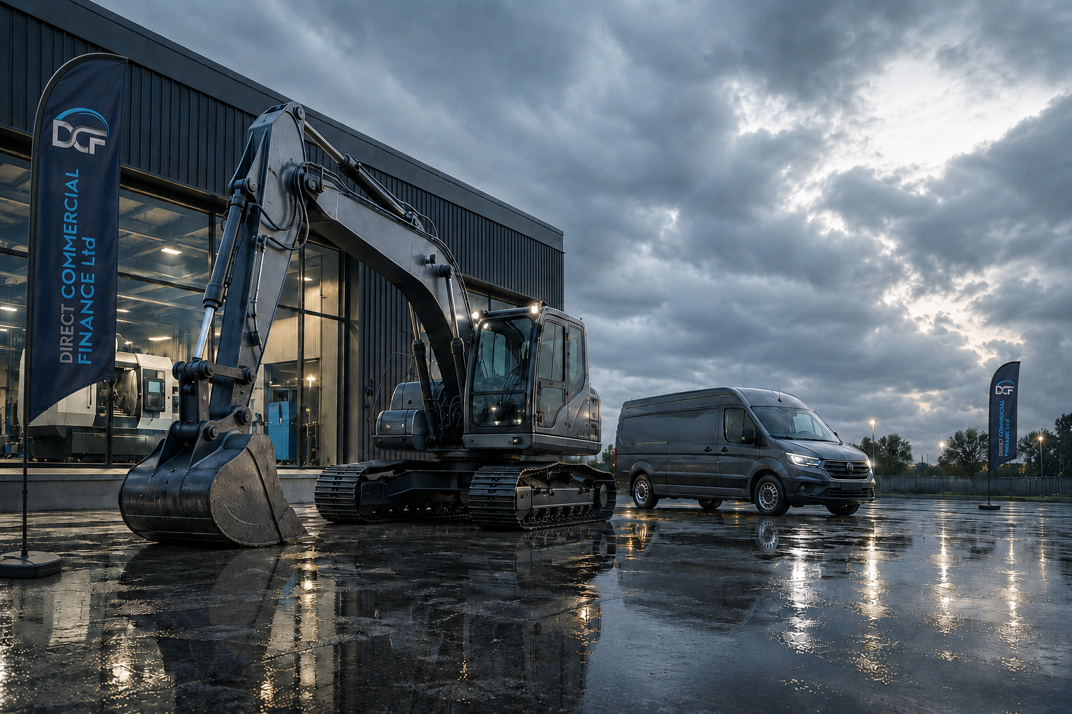 DCF client viewing a van, pickup and mini excavator outside a commercial premises