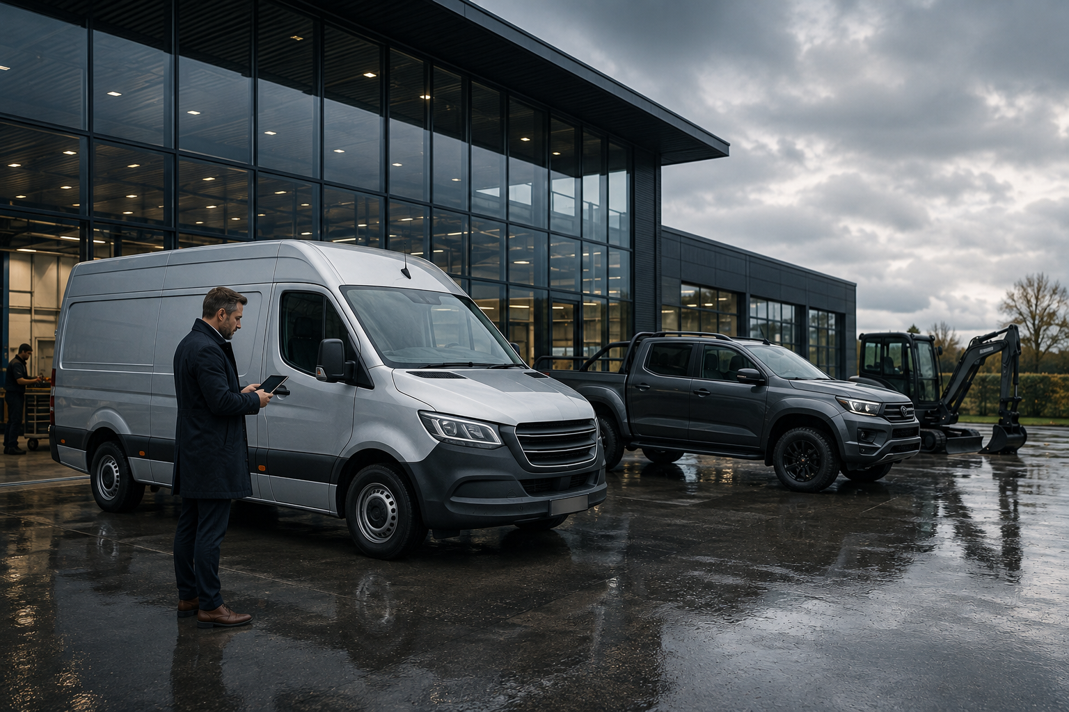 Client checking a tablet beside a van, pickup truck and mini excavator ready for finance
